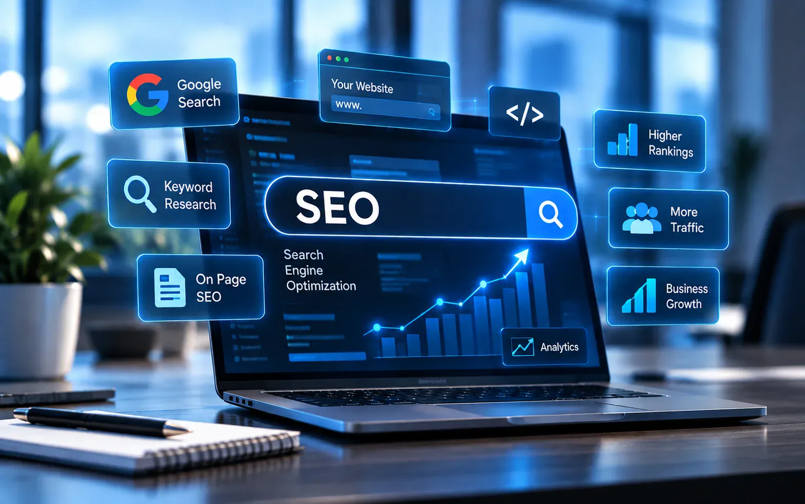SEO services dashboard showing keyword rankings and traffic growth