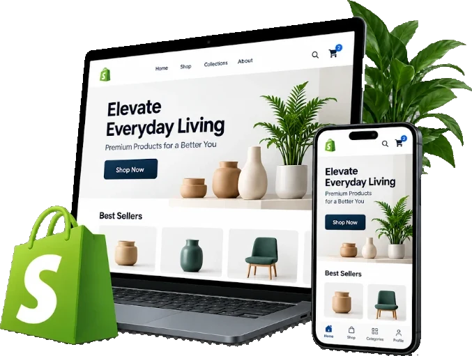 Shopify store development services shown on laptop and mobile