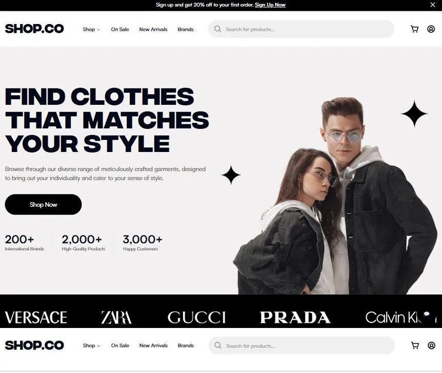 The Shop.co storefront homepage, headed Find Clothes That Matches Your Style