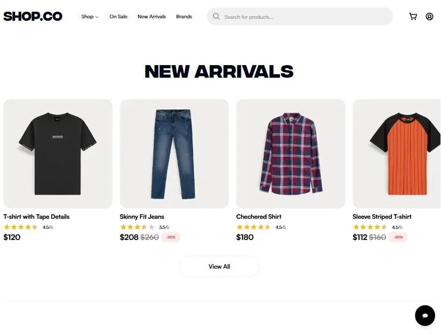 A New Arrivals product grid with prices, discounts and star ratings