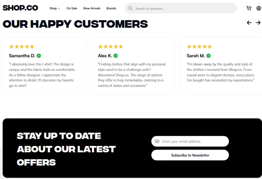 Verified customer reviews with star ratings, above a newsletter sign up band