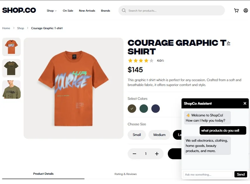 A product detail page with an assistant panel answering a question about the catalogue