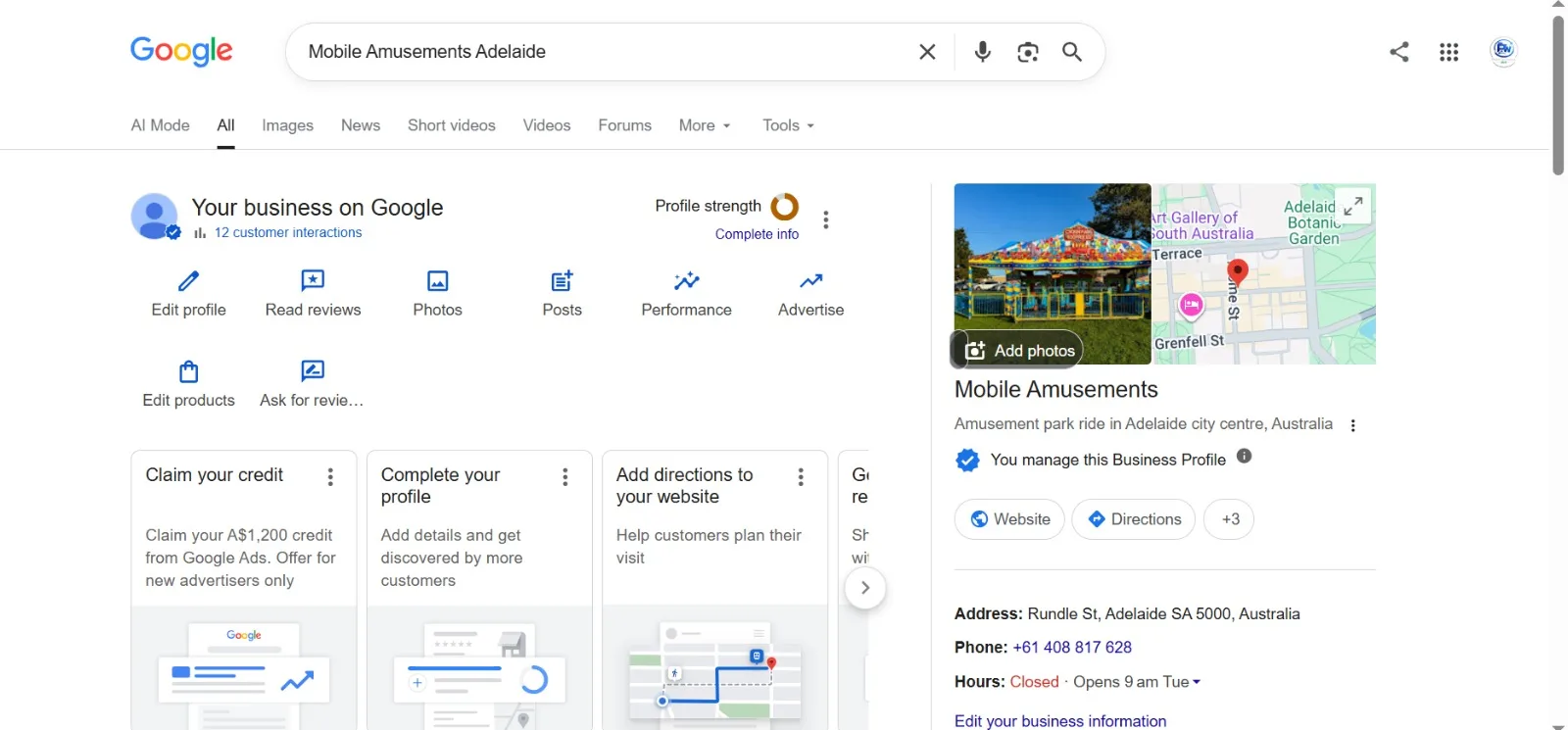 The Mobile Amusements Google Business Profile as it appears in search