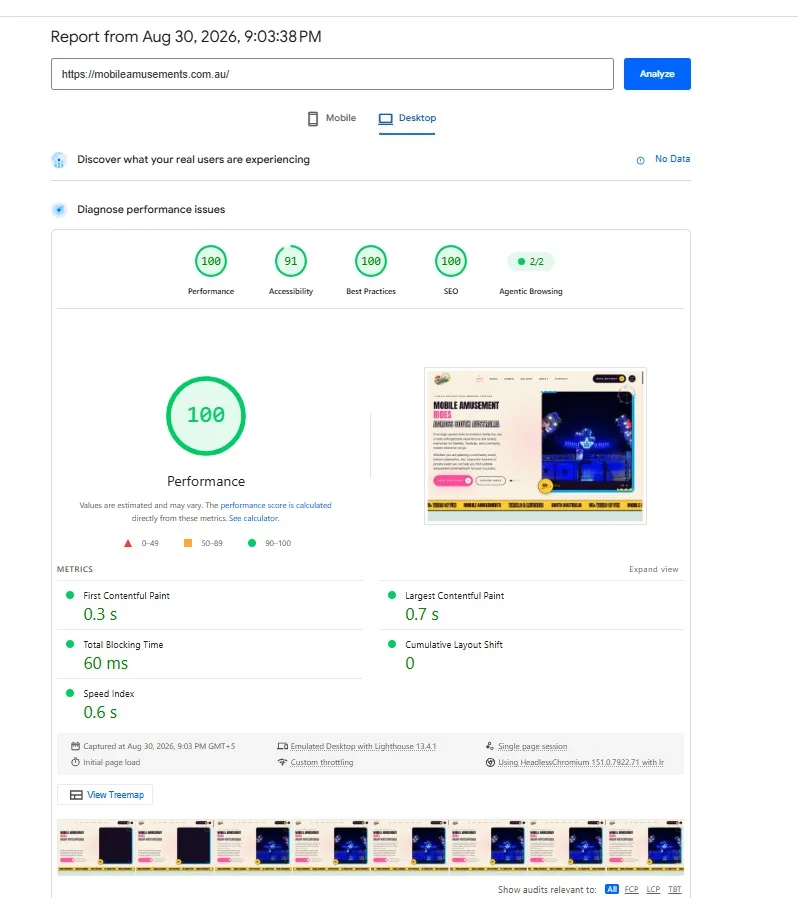 PageSpeed Insights desktop report scoring 100 for performance