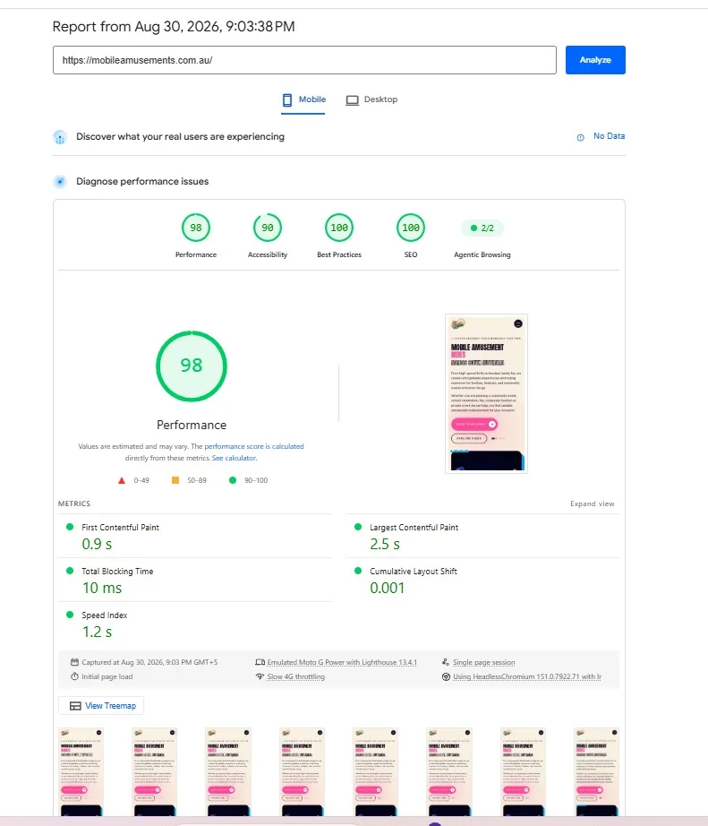 PageSpeed Insights mobile report scoring 98 for performance
