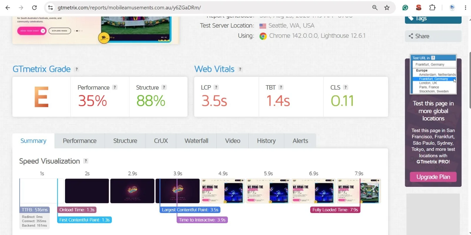 GTmetrix report showing grade E and a 3.5 second largest contentful paint