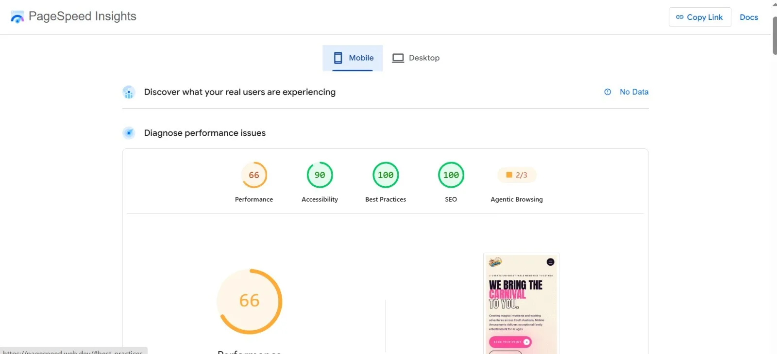 PageSpeed Insights mobile report scoring 66 for performance