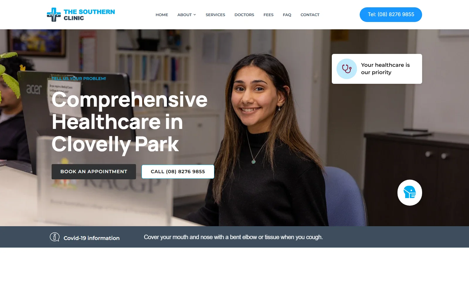 The Southern Clinic homepage, headed "Comprehensive Healthcare in Clovelly Park"