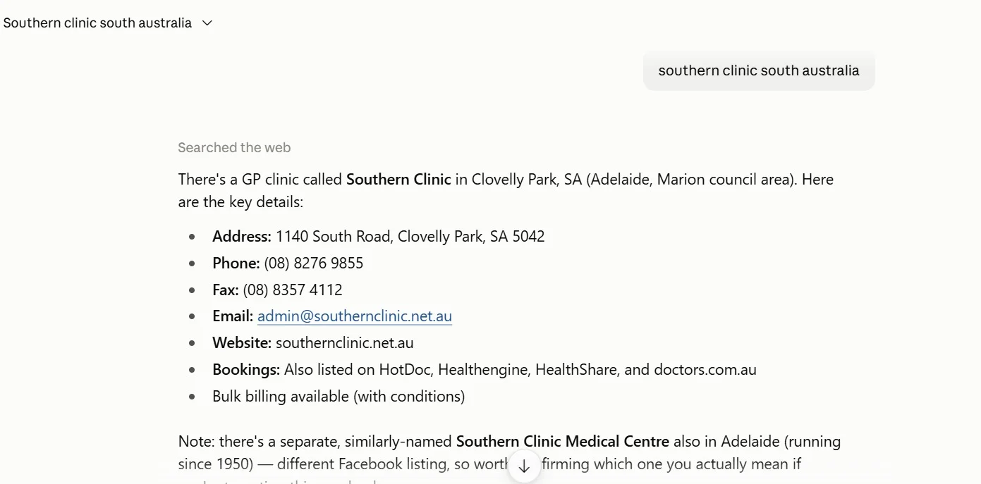 An AI assistant answering a query about the clinic with its address, phone, email and booking platforms