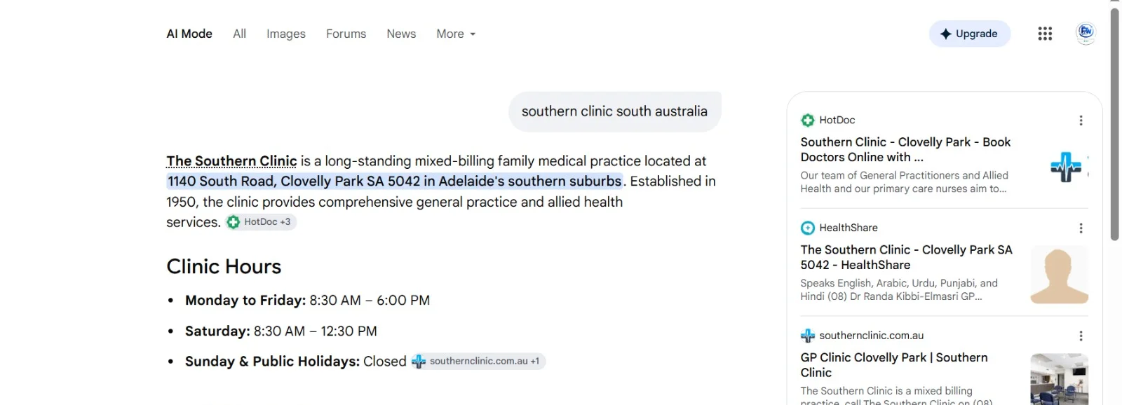 Google AI Mode describing the clinic and citing southernclinic.com.au among its sources