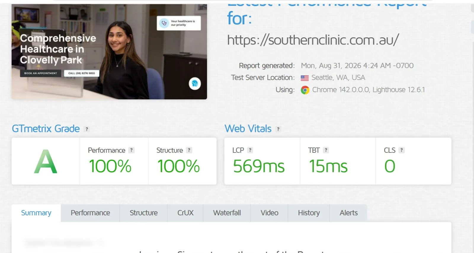 GTmetrix report showing grade A with a 569 millisecond largest contentful paint