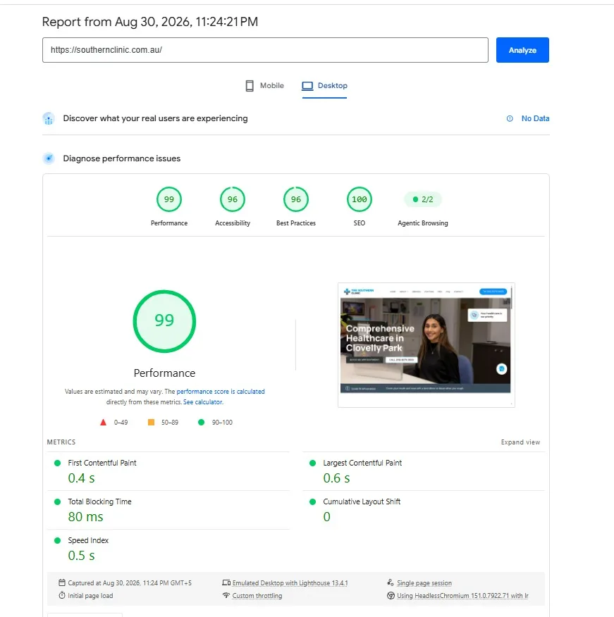 PageSpeed Insights desktop report scoring 99 for performance