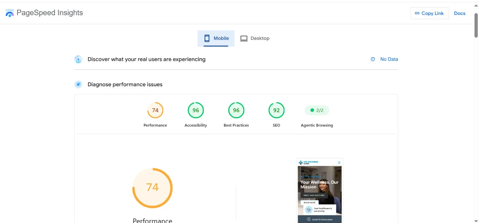 PageSpeed Insights mobile report scoring 74 for performance