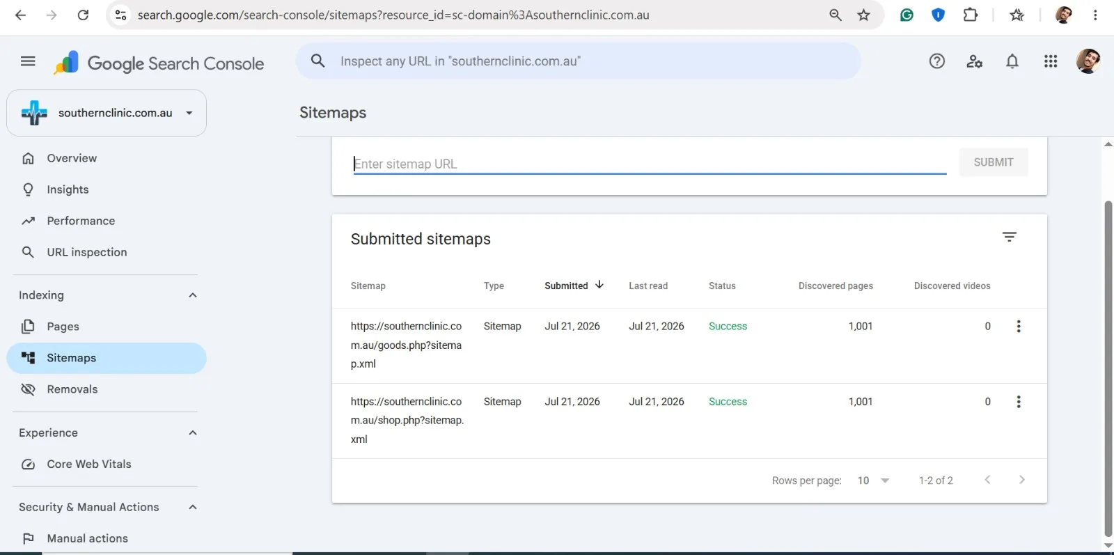 Search Console sitemaps list showing two unrelated ecommerce sitemaps