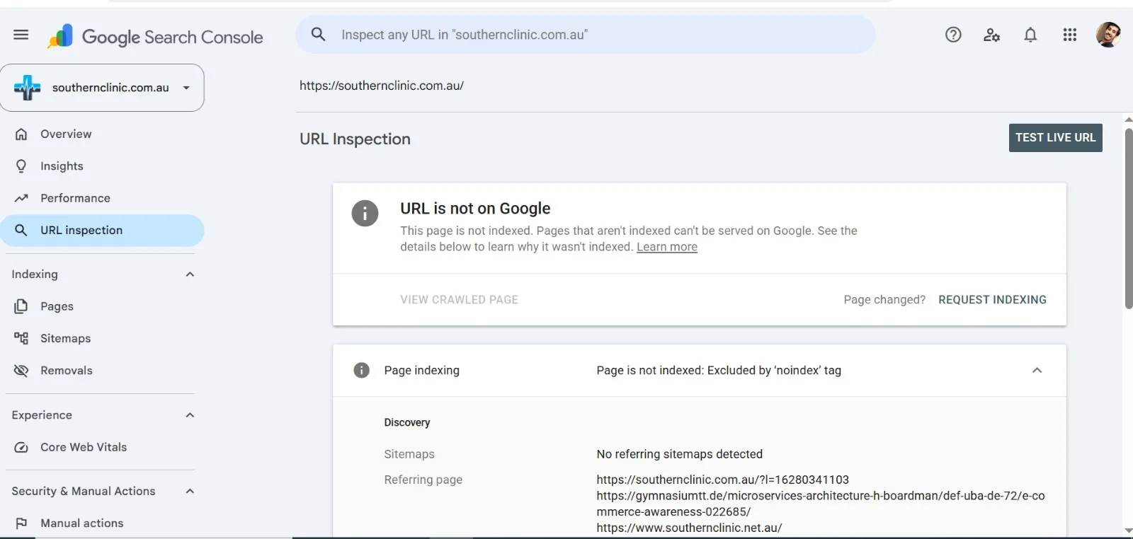 Search Console URL inspection reporting that the homepage is not on Google